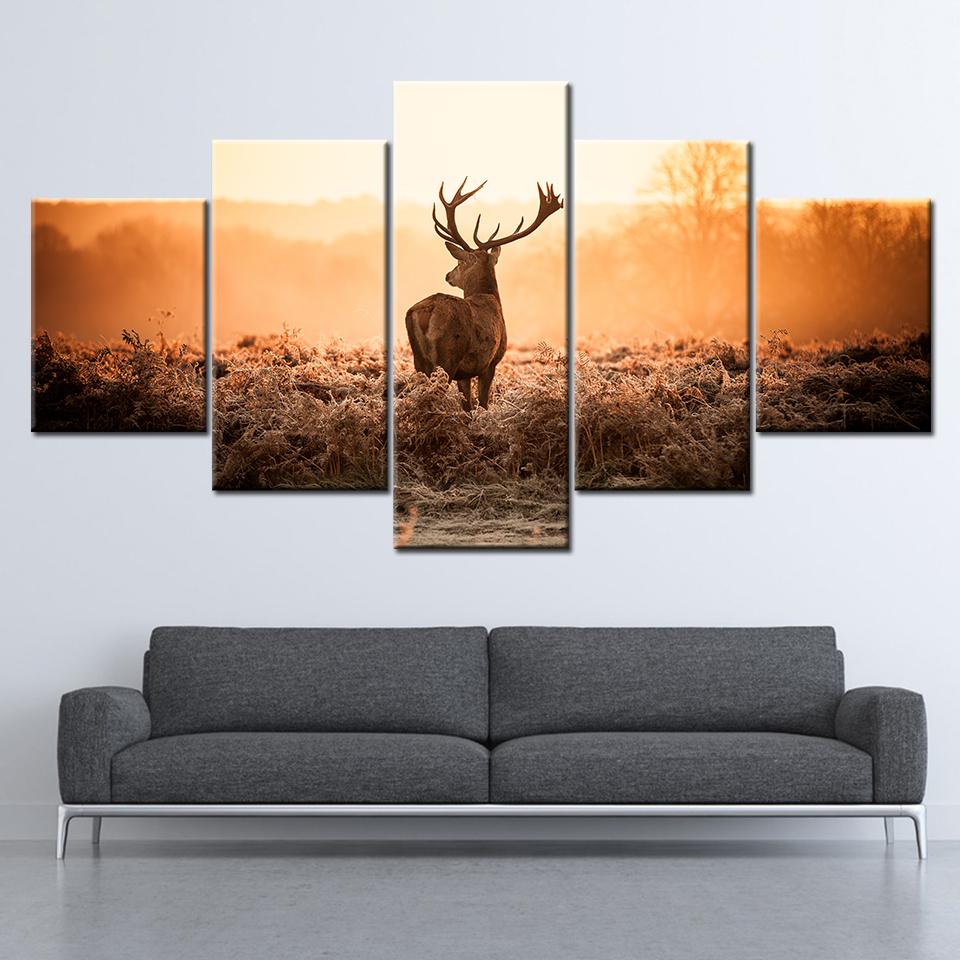 

5-Piece Canvas Painting Set - Deer & Sunset View Animal Landscape Wall Art Modular Poster Print for Living Room Home Decor 20x35 20x45 20x55cm