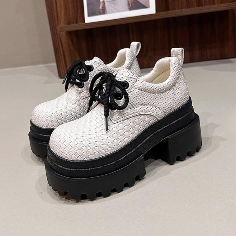 

Fashion High Heel Platform Square Toe Single Shoes Women s Woven Lace-up Small Leather Shoes Versatile Breathable Platform Shoes 39