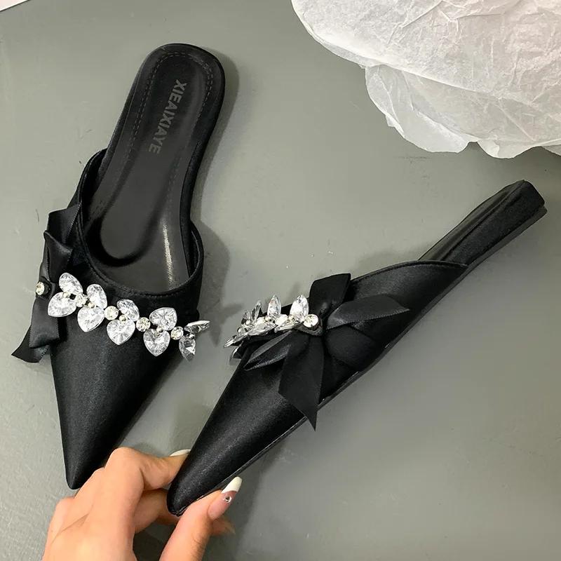 Crystal Women Slippers Pointed Toe Flats Shoes Dress Cozy Woman Sandals 2025 Designer Trend Brand Fashion Bow Chaussures Femme