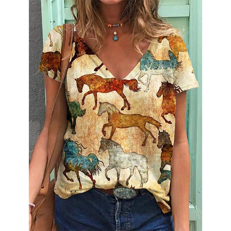 Western Ethnic Style 3D Print T-Shirts Women Fashion V-Neck Short Sleeve T Shirt Y2k Tops Tees Oversized Harajuku Woman Clothing