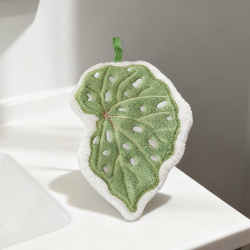 Leaf-Shaped Coral Fleece Hanging Hand Towel for Kitchen & Bathroom Cleaning