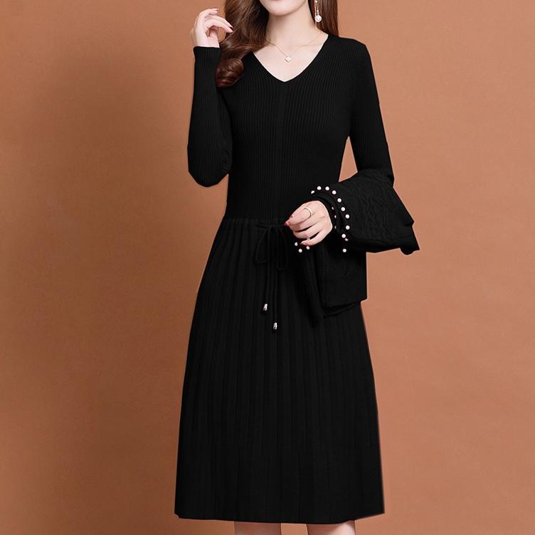 Two-piece Knitted Vest Dress for Women Long-sleeved Solid-color Sweater Dress Casual Mid-length Sweater for Autumn and Winter