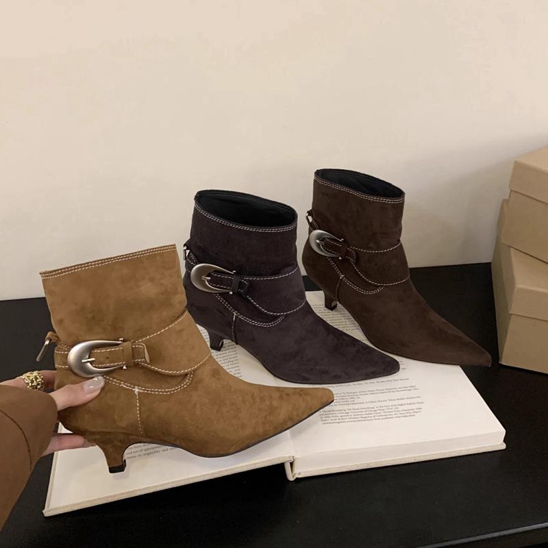 Winter New Brand Women Short Boots Fashion Buckle Slip On Pointed Toe Ankle Boots Thin Low Heel Dress Pumps