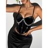 Outfitgirl Black Soft Velvet Pearl Steel Ring Fishbone Camisole Sexy Slim Fit Slimming Top Women