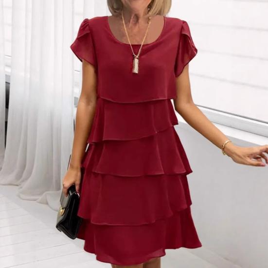 Vestido de Chifón para Mujer con Borde Fruncido Cuello Redondo Manga Corta Diseño Multicapa