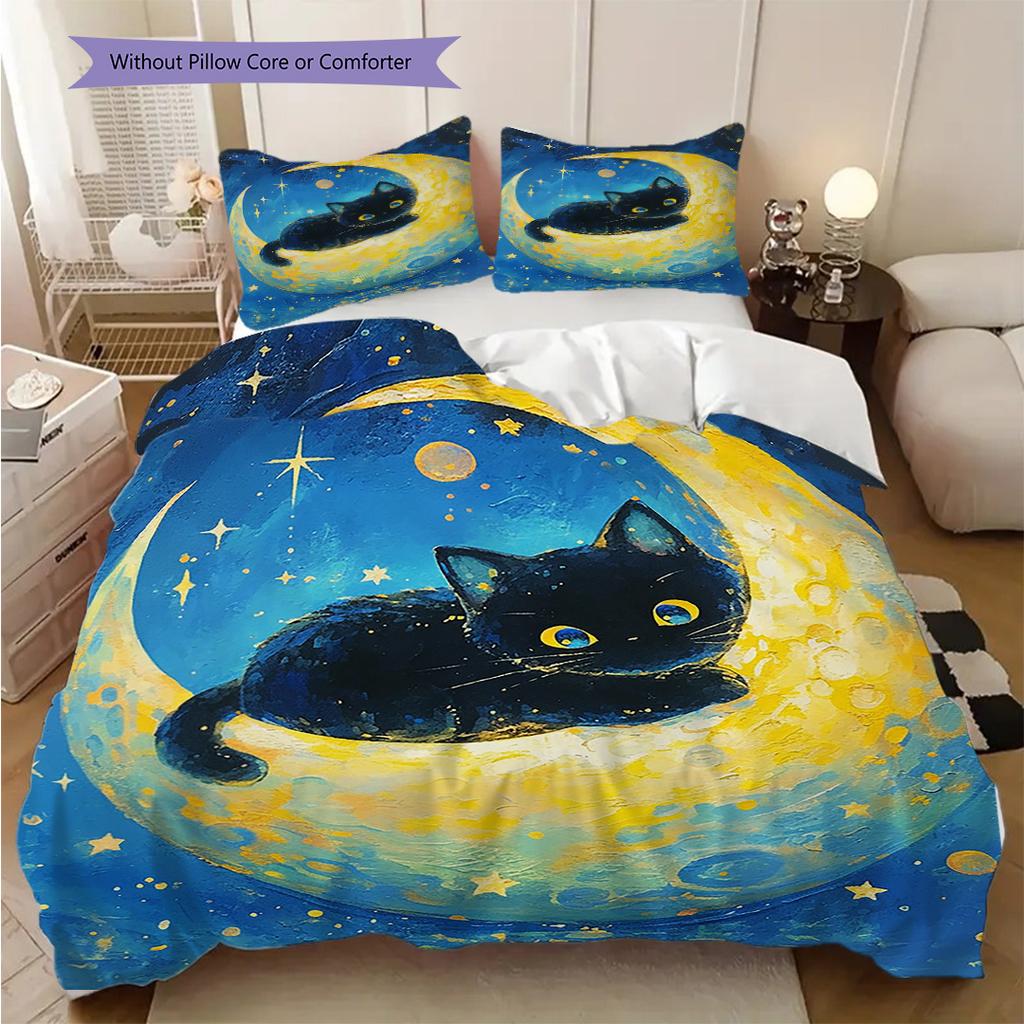 Black Cat Pattern Bedding Quilt Set Quilt Cover Pillowcase Home Decoration Birthday Gift (1 * duvet cover + 2 * pillowcase, without core)