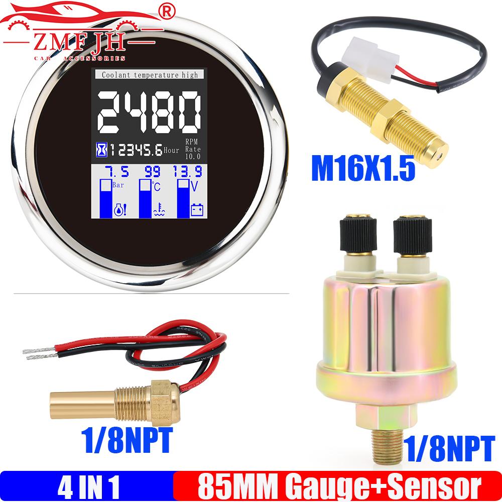 ZMFJH Digital 85MM Multifunctional Gauge 4IN1 Tachometer+Oil Pressure Meter+Water Temp+Voltage with Sensor Alarm for Car Boat