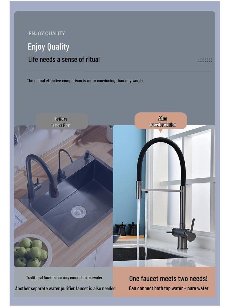 Gunmetal 304 Stainless Steel Pull-Out Kitchen Faucet with Hot/Cold Drinking Water Purifier and Vegetable Sink Function.
