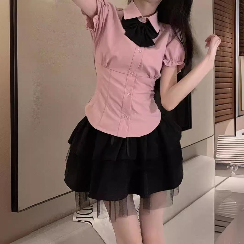 Küçük takım Kolej tarzı kısa etek etek Yazlık etek Japon JK üniforması kısa gömlek Kadın iki parçalı set
