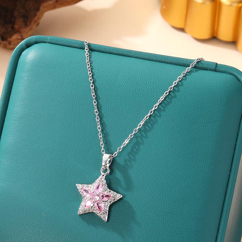 [Micro-Set Pink Zircon Titanium Steel Necklace Sweet Light Luxury Fashion Choker Jewelry]