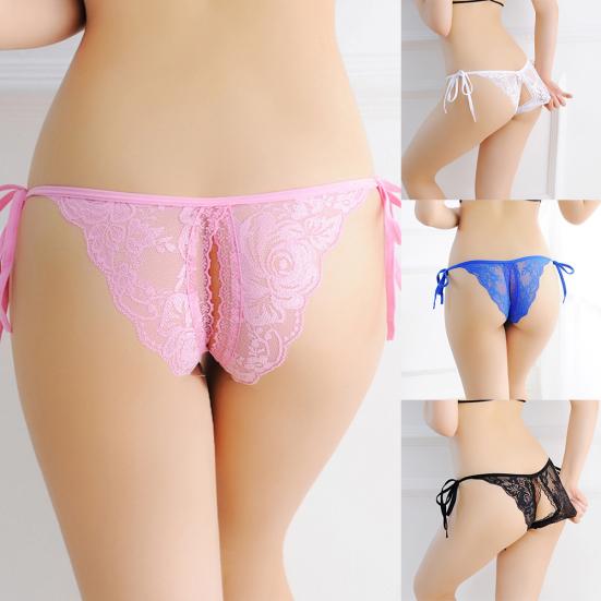 Sexy Women Lace Soft See Through Self Tie Crotchless Briefs G-string Underwear