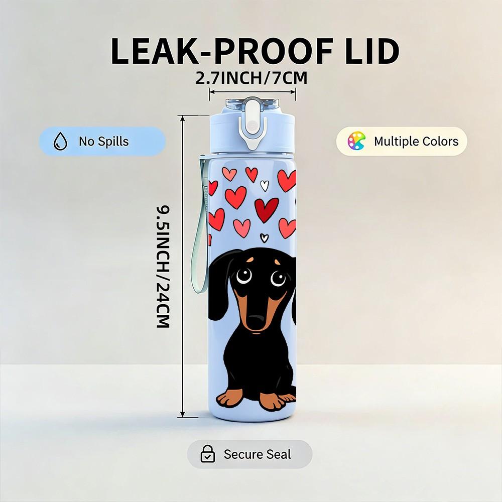 1PC Dachshund Dog With Heart Balloon Print 750ml Color Plastic Sports Water Bottle Leakproof Flip Straw Lid Suitable for Sports Office Home Use