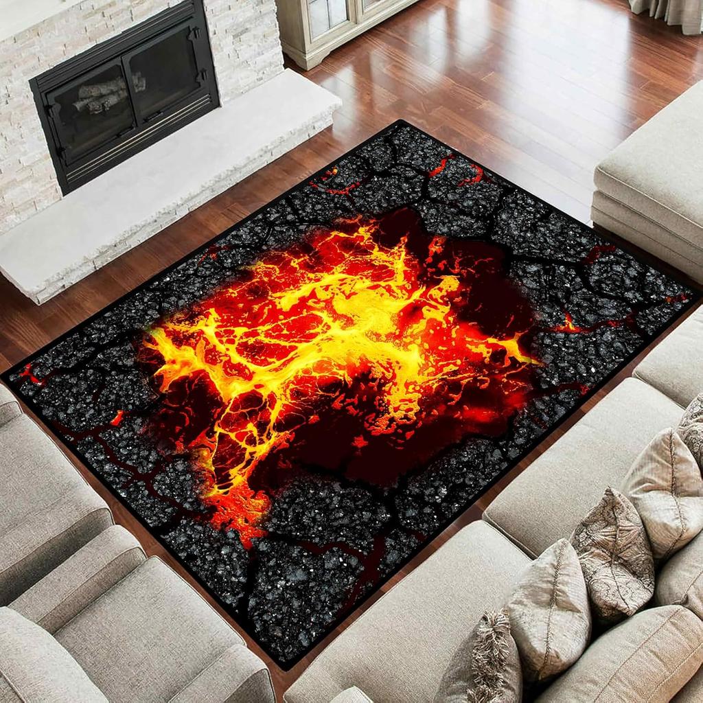 3D Lava Illusion Rug Burning Magma Area Rug Visual Trap Floor Mat Creative Non-Slip Carpet for Living Room Bedroom Home Decor