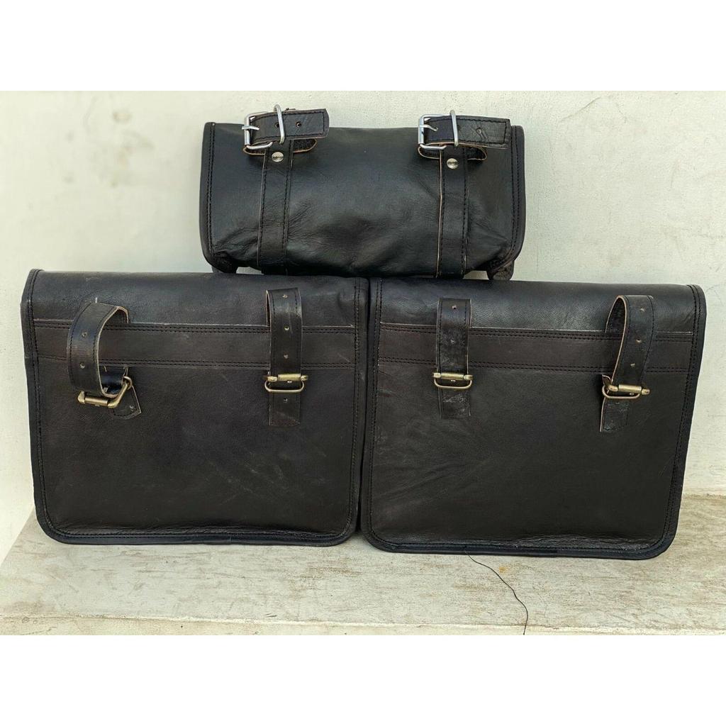 Leather Motorcycle Saddle Bag Two Black Leather 2 Side Pouch & 1 Pouch Panniers (3 BAG)