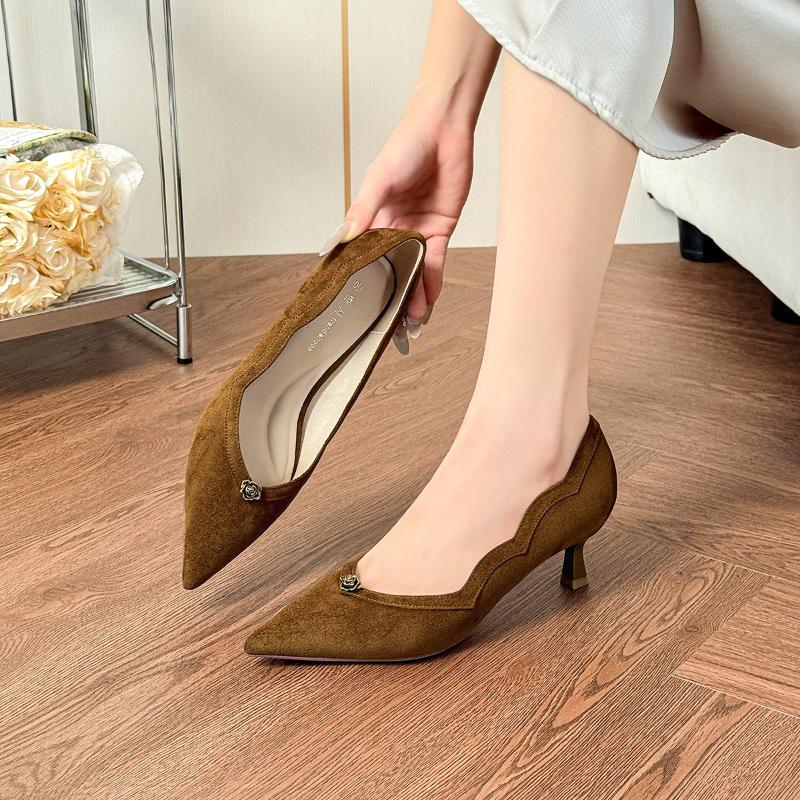 Fashion Women Stiletto Heels Handmade Suede 3-5cm Pointed Toe Autumn Winter Fashion Camellia Pumps New Arrival