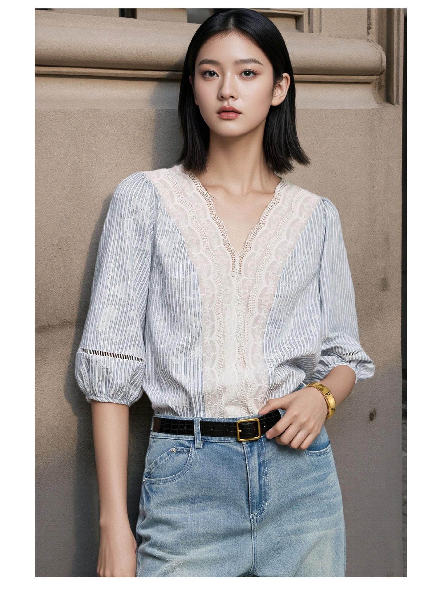 

LILIY Women s French Striped Chiffon Blouse with Lace Puff Sleeves - Versatile Autumn 2025 Collection XL світло-синій колір