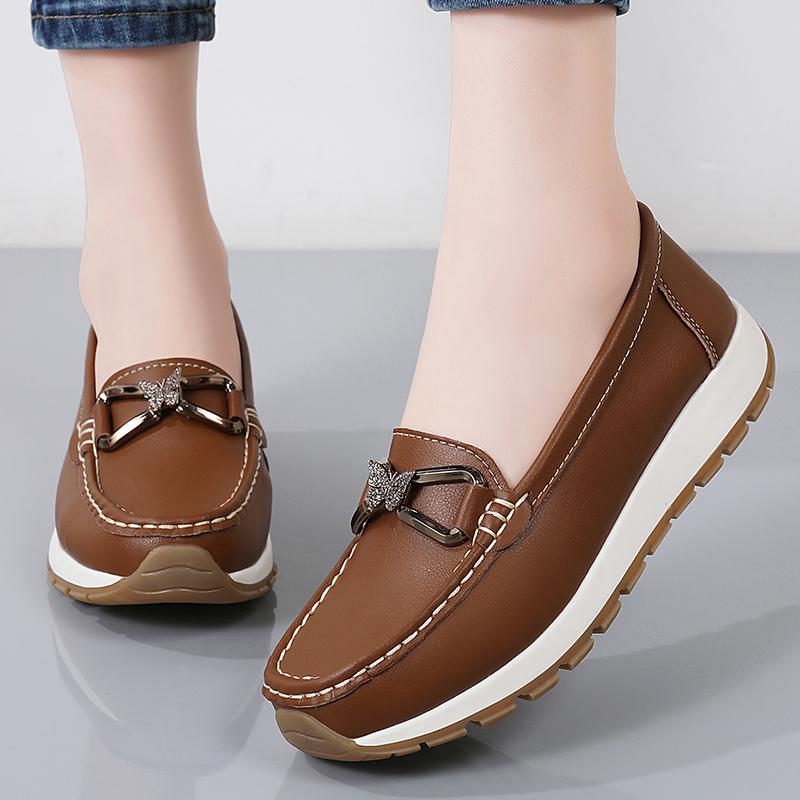 New 100% genuine leather flat shoes for women, comfortable casual shoes, walking loafers, large-sized leather shoes