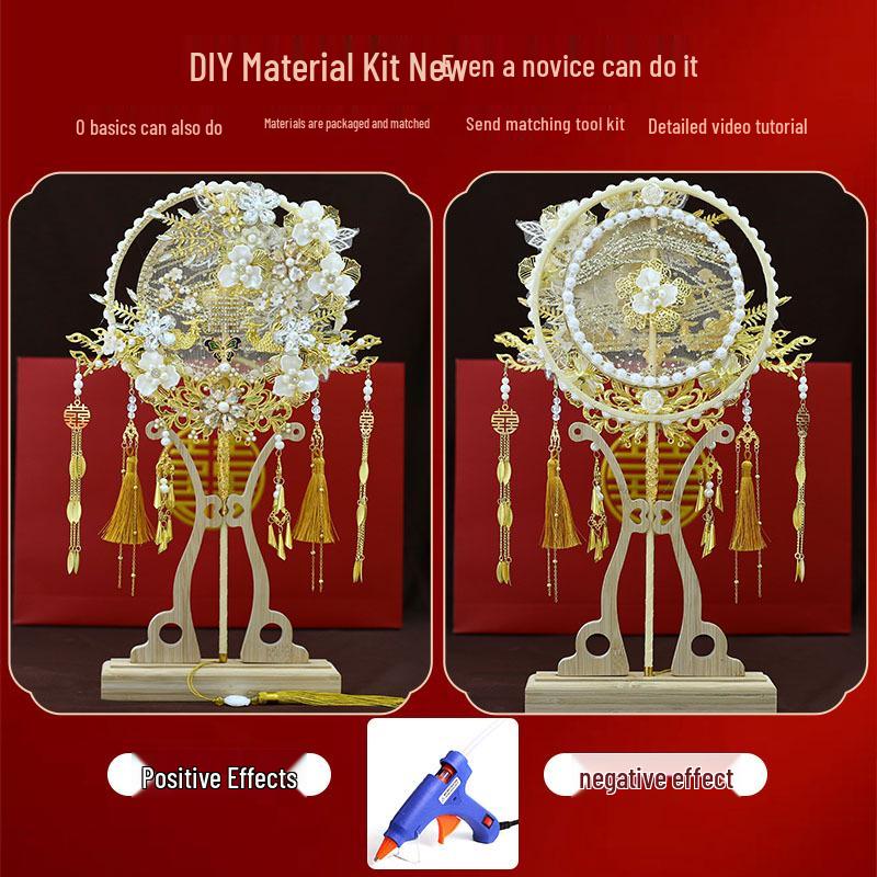 Golden Handmade Chinese Wedding Fan – Bridal Xiuhe Dress Accessory Round Fan 9139