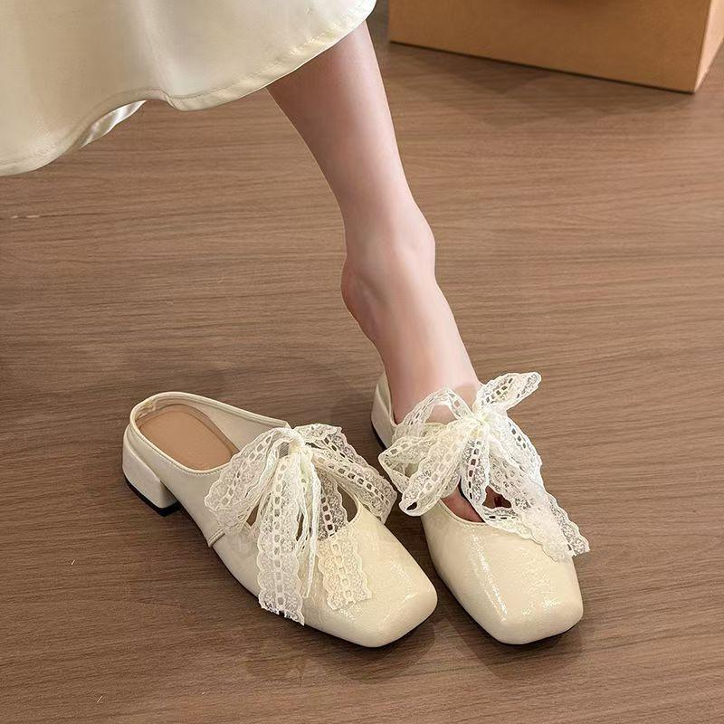 Baotou Half Slippers Women's 2025 New Summer Thick Heel French Sandals Women's Square Head with Lace Muller Single Shoes