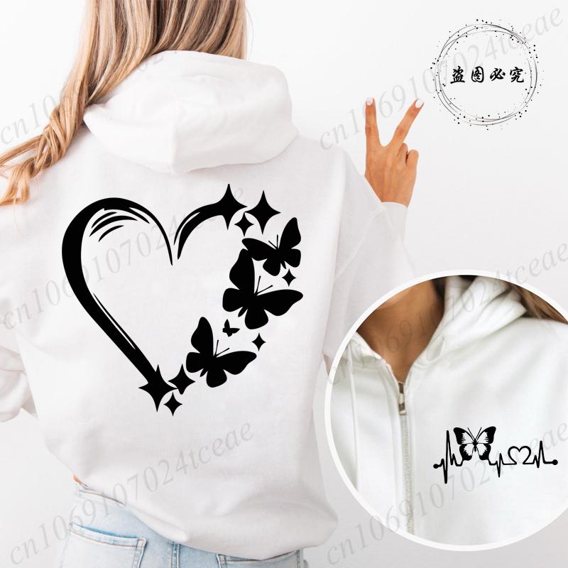 New Fashion Zipper Hooded Hoodie Clothes Butterfly Heart Printed Fashion Sweatshirts Casual Fashion Zip Up Jackets Coat Tops