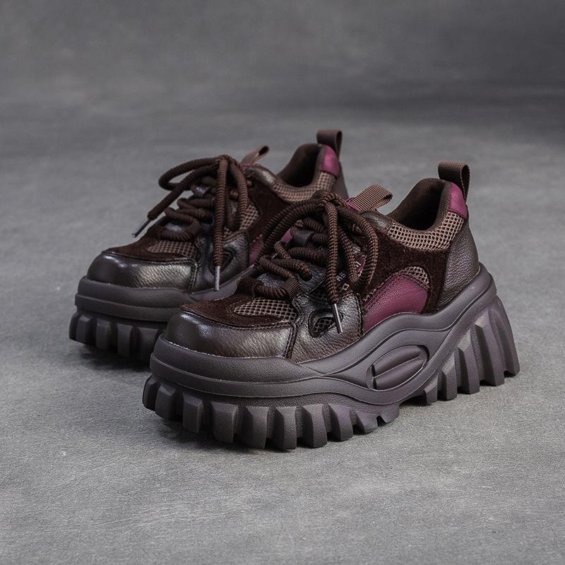 Johnature Genuine Leather Splicing Mesh Casual Shoes Lightweight Lace Up Thick Soled Women's Shoes