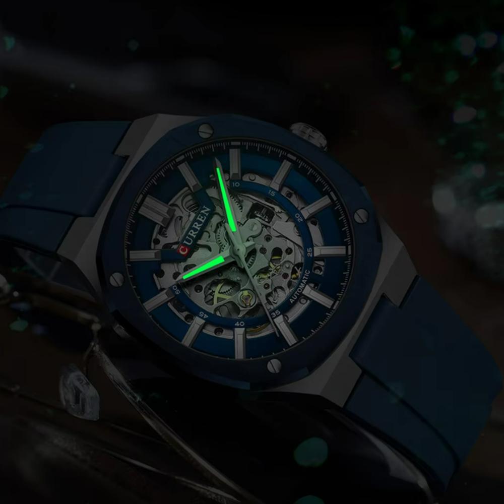 CURREN Men Automatic Mechanical Original Waterproof Silicone Strap Luminous Business Fashion Clock