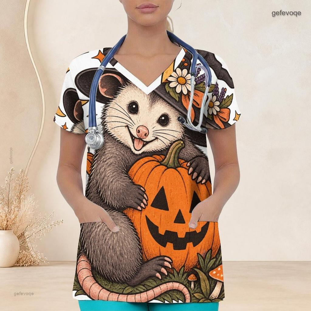 Women Plus Size V Neck Short Sleeve Scrub Top Cowboy Hat Pumpkin Sunflower Cactus Halloween Print Nurse Uniform Top