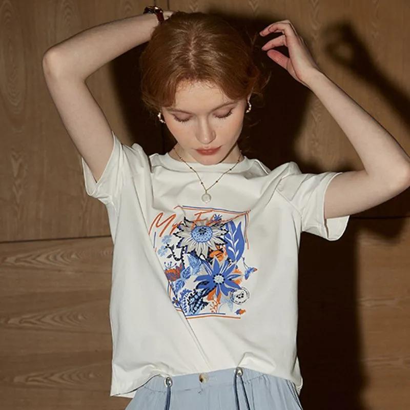Womens Floral Print Short Sleeve Casual T Shirt S белый