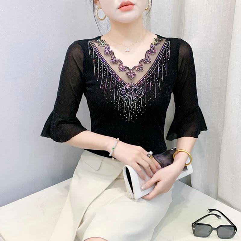 Summer Fashion Sexy V-neck Girl T-shirt Clothes Shiny Hot Diamond Flare Sleeve Mesh Tees High Quality Women's Tops