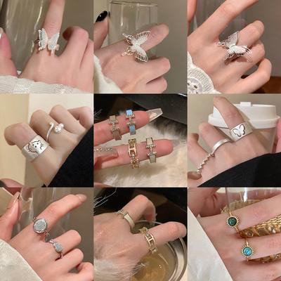 Guochao Retro Faux Zircon Letter Butterfly Open Ring Versatile Commuter Index Finger Ring Fashion Jewelry
