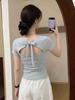 Gram Cotton, Design Bow Back Hollowed Out Front Shoulder Short-sleeved T-shirt Women's Summer Beautiful Unique Top