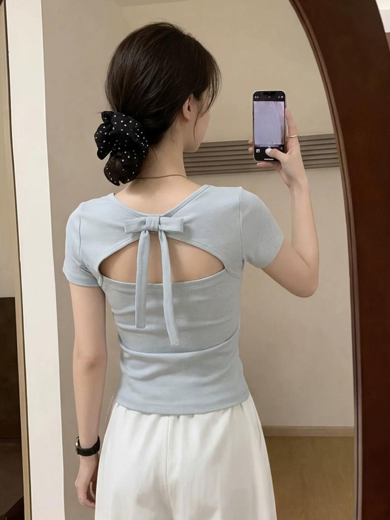 Gram Cotton, Design Bow Back Hollowed Out Front Shoulder Short-sleeved T-shirt Women's Summer Beautiful Unique Top