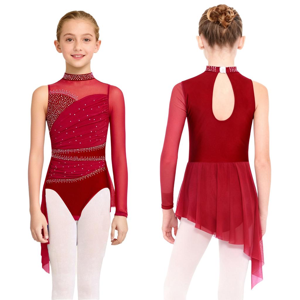 Vestido de Dança Lírica para Meninas Fantasia de Patinação Artística Strass Brilhantes Saia com Sobreposição de Malha Franzida Collant com Saia para Apresentação