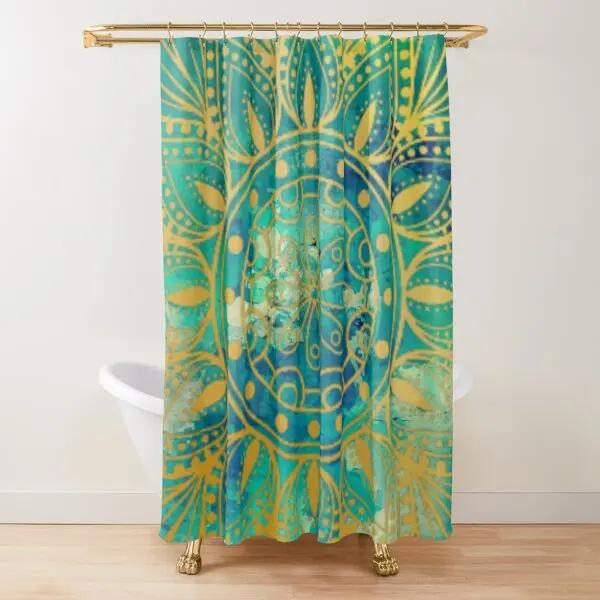 Tenda Doccia Vetro Colorato Zaffiro Giada Mandale Fiore di Mandala Linee Esposizione Opere d'Arte Tessuto Tende da Bagno con 12 Ganci