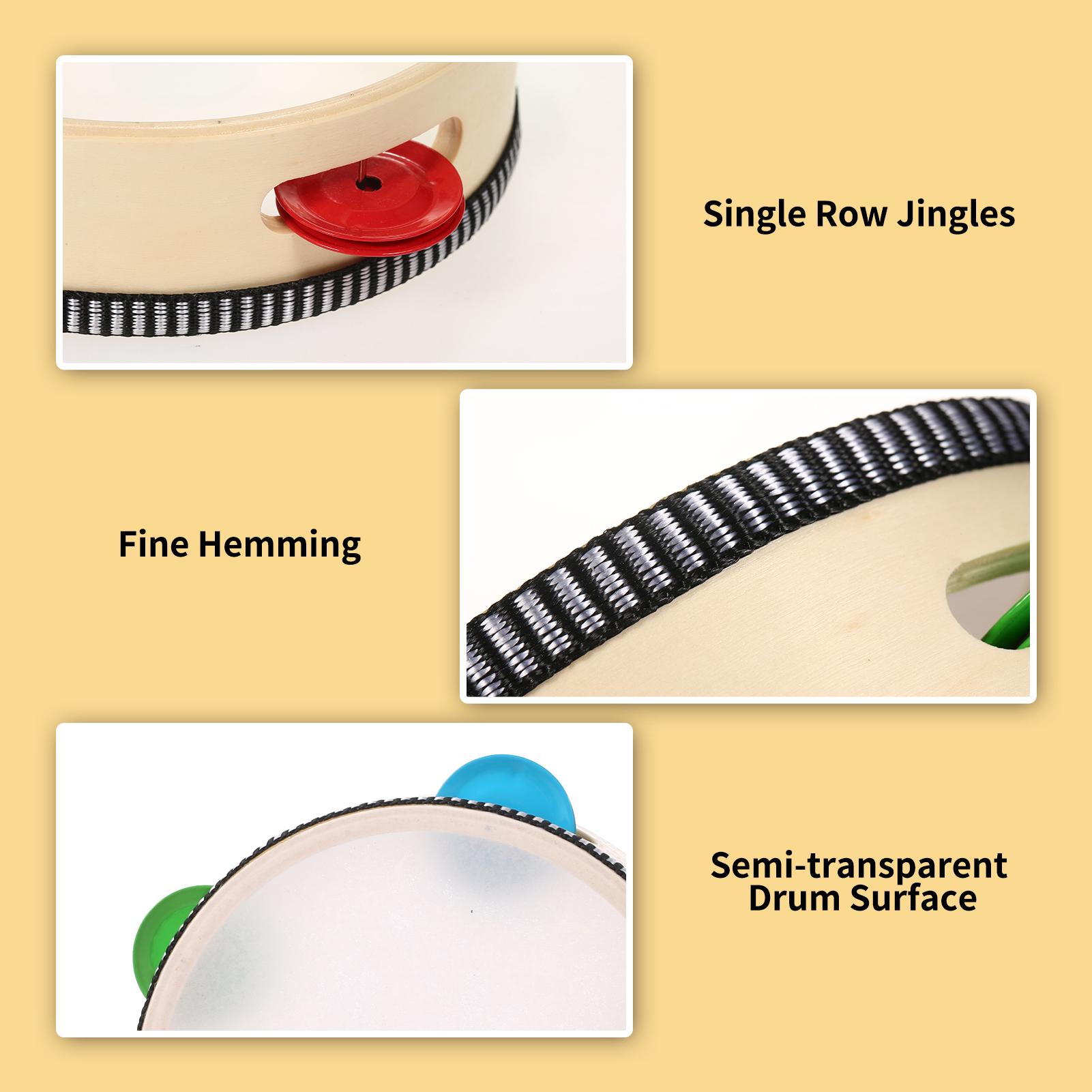 

6 Inch Wooden Tambourine Handbell Hand Drum with Single Row 4pcs Metal Cymbals Jingles Musical Percussion Instrument