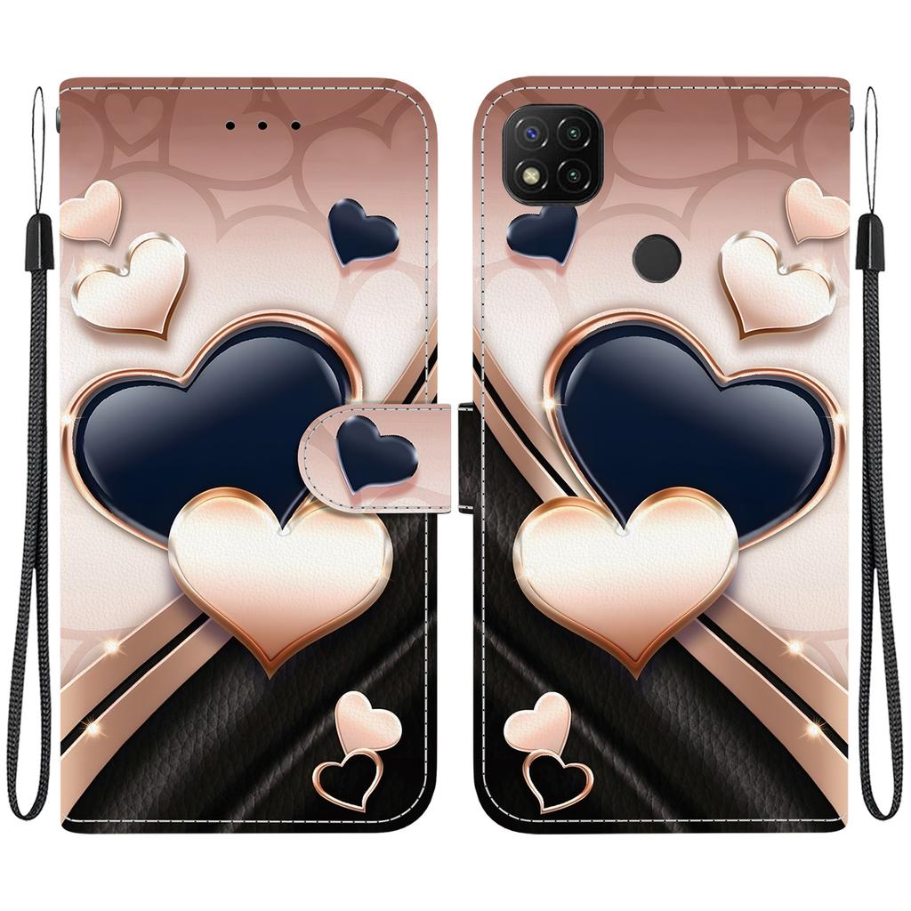 Handgefertigte PU-Leder-Klapphülle für Redmi 9C / Redmi 9 Activ / Xiaomi Poco C31 Rutschfeste Stoßfeste Hülle mit Handschlaufe & Herz/Rose Katze Designs