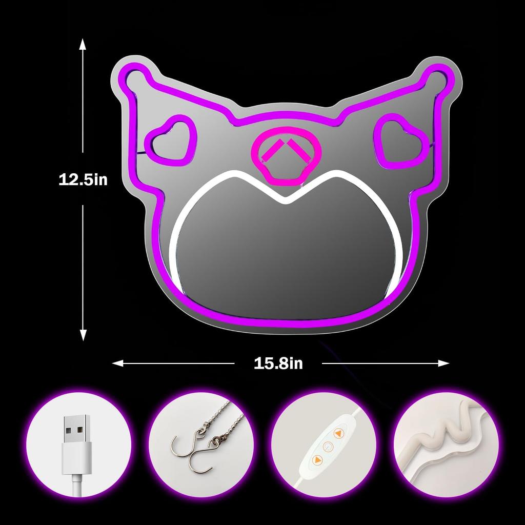 Anime Mirror Neon Sign Dimmable Led Neon Mirror Sign for Dresser Room Decor Anime Wall Mirror Neon Light Up Acrylic Mirror Bedroom Wall Locker Room