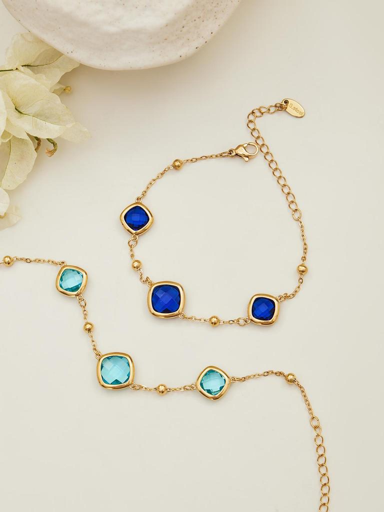 Geometric Glass Stone Earrings & Stainless Steel Bead Necklace Bracelet Set - Multi-color Patchwork Jewelry