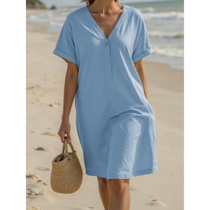Cross-border new fashionable versatile women's casual solid color V-neck loose dress