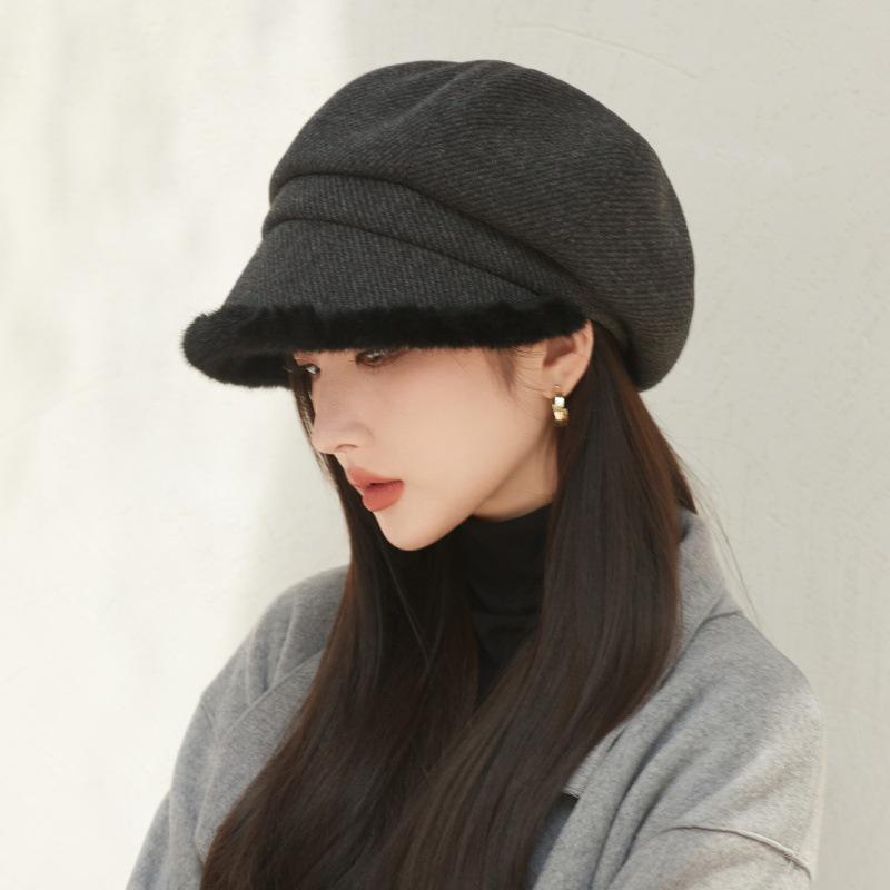 Women's Korean-Style Plush Octagonal Painter Hat - British Fashion, Autumn/Winter, Trendy Newsboy Cap