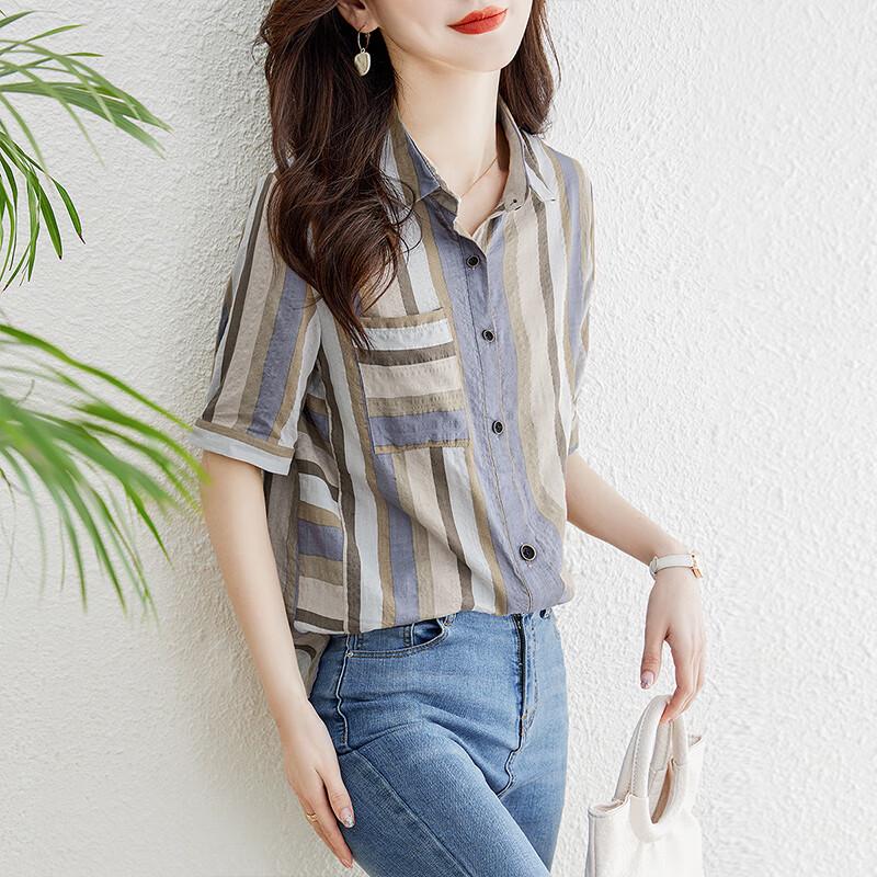 Women's Retro Striped Short-Sleeve Lapel Shirt