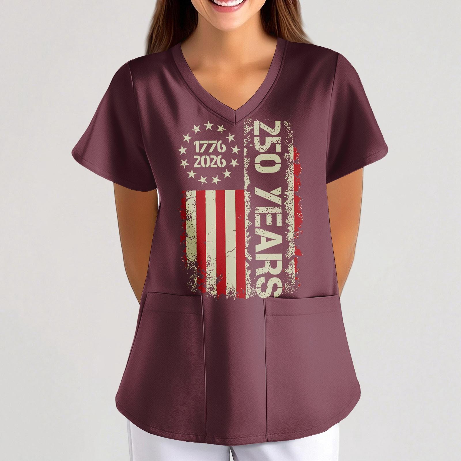 Women s Independence Day Printed Loose V-Neck Pocket Short-Sleeve Caregiver/Uniform S красный