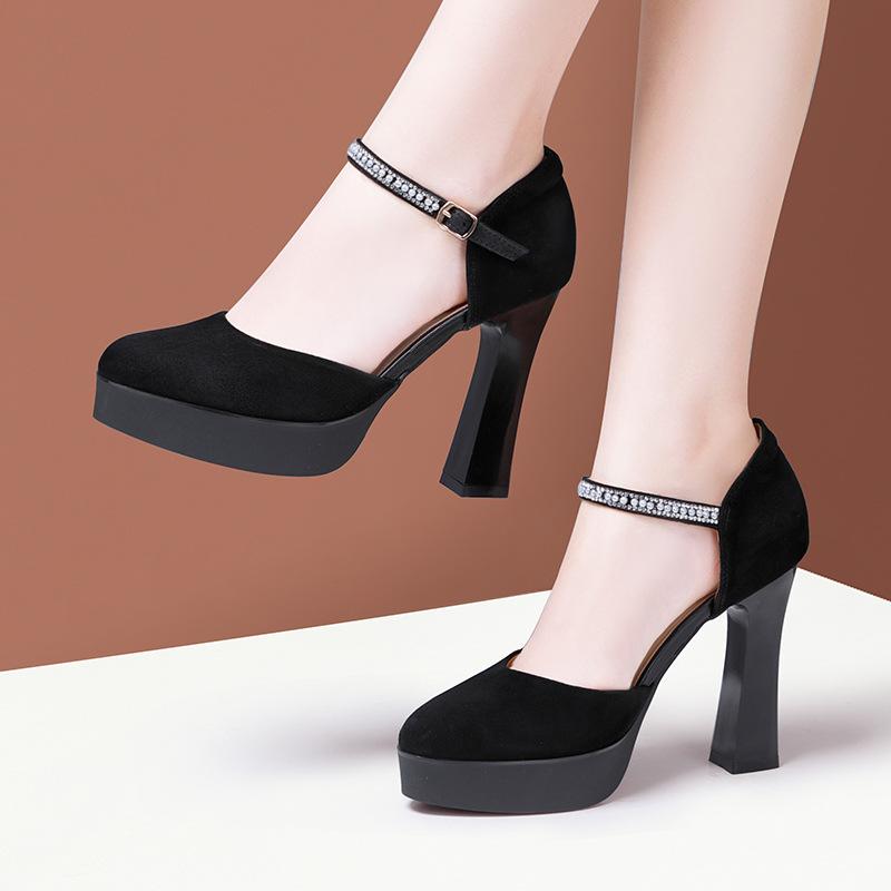 Fashion Genuine Leather Lady Pumps Thick Heel Shoes 7/9/11cm Super High Heel Waterproof Platform Womens Shoes Party Dress High Heels