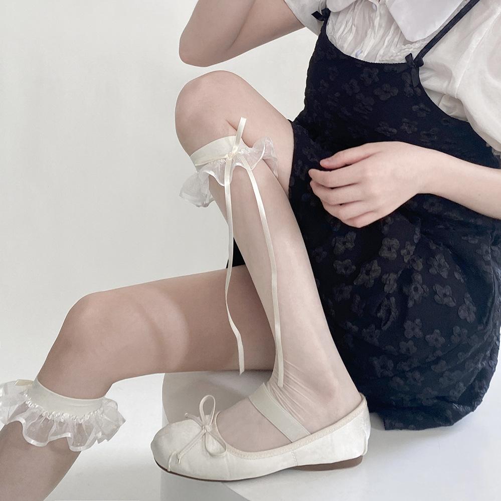 Summer ultra-thin milk white arbitrary cut lace streamer bow knee high socks pure desire girl lolita calf socks