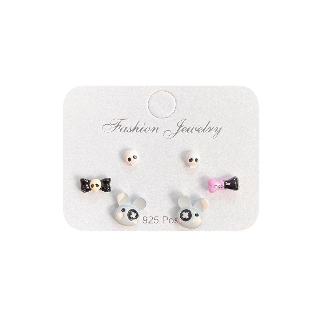 Korean Cartoon Halloween Bunny Earrings Set: Cute Small Sweet Silver Studs for Women