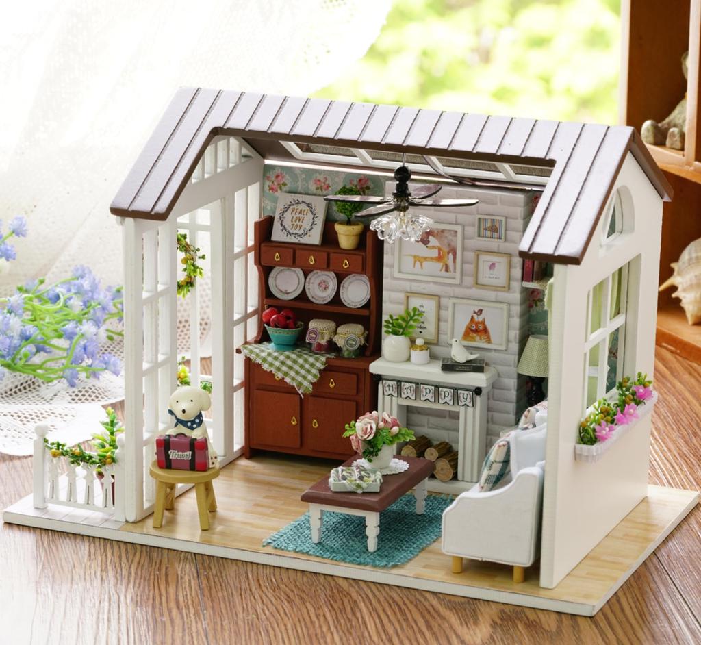 CUTEROOM DIY Wooden Miniature Dollhouse Kit with Music Box, LED Lights & Dustproof Cover - Beginner's Handmade Miniature House, Natural American