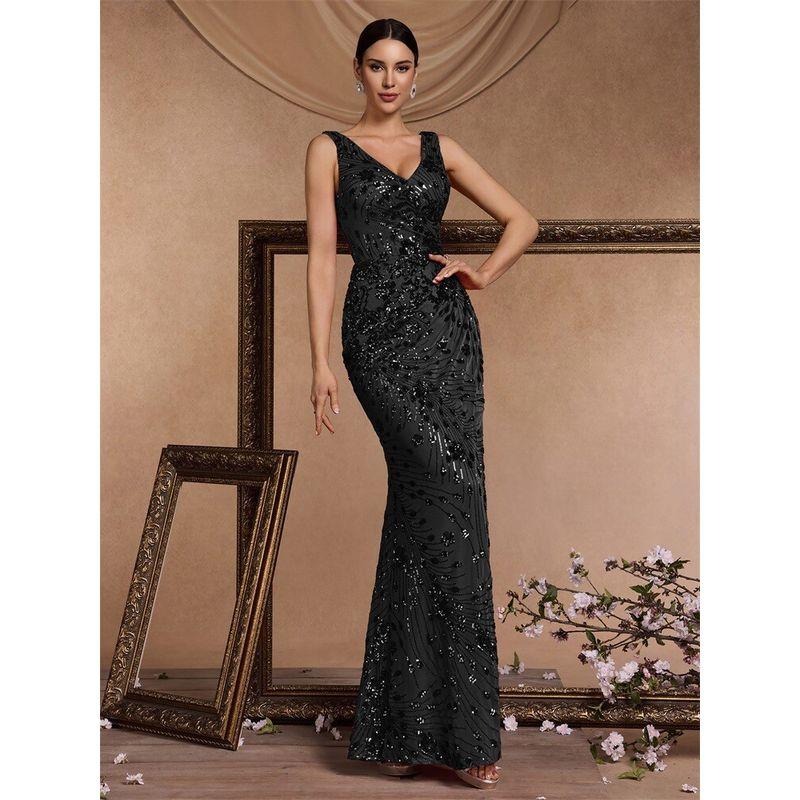 

European and American Cross-Border New Evening Dress for Women, Sexy Party Dress, 180cm Tall Dress, Wedding Birthday Dress Black M