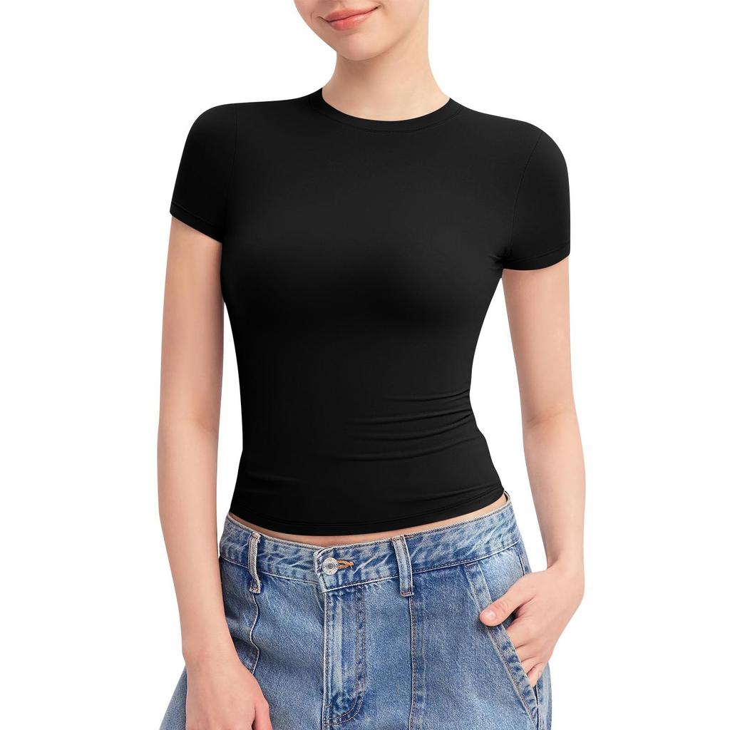 Women's Round Neck Short Sleeve Tops Double Lined Slim Fit T Shirts Basic Tee Cloud