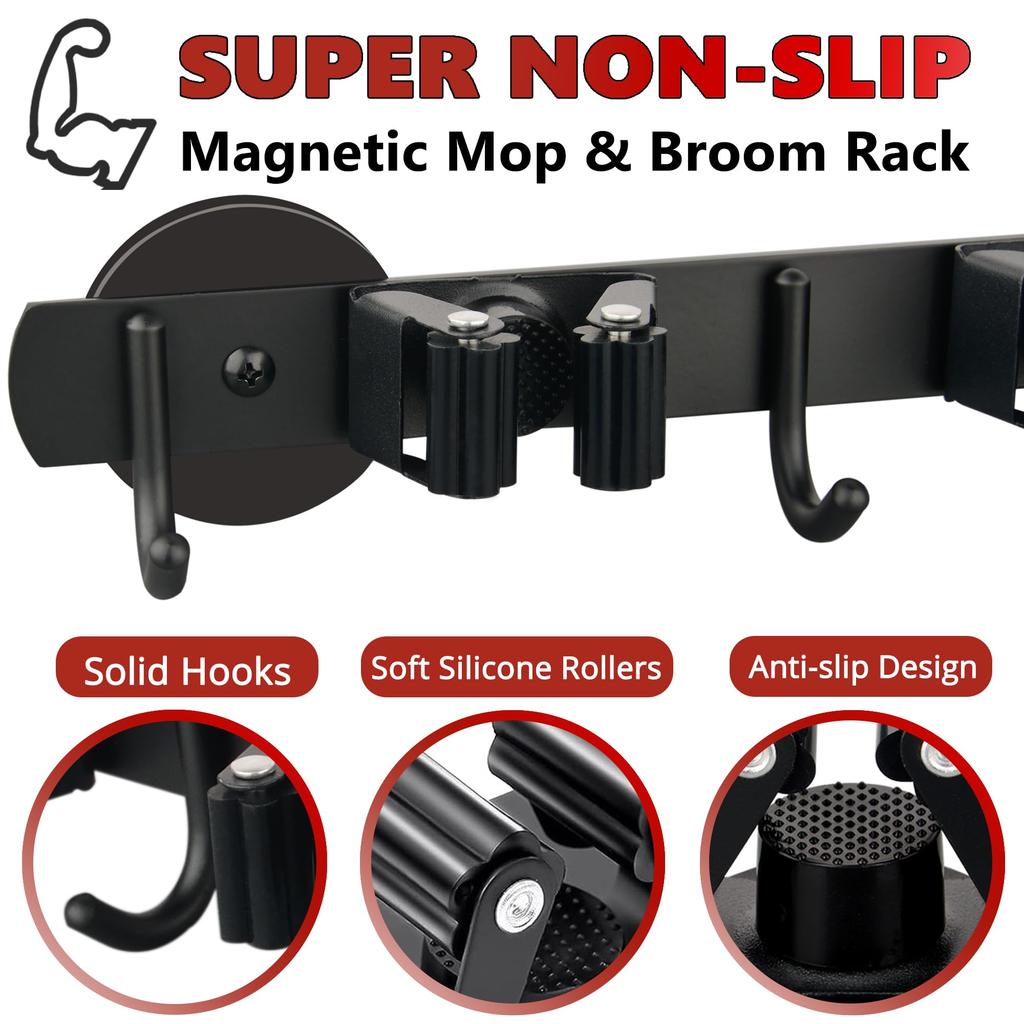 ULIBERMAGNET Magnetic Mop Broom Mobile Magnetic Broom Holder Wall Mounted Utility Storage Mop and Shovel Hanger for and Yard Holder, Heavy-Duty Rack,
