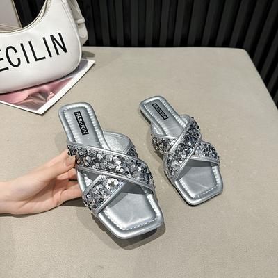Sequined Cool Slippers Outer Wear Women's 2025 New Summer Square Head Cross Beach Shoes Large Size One-pedal Flats
